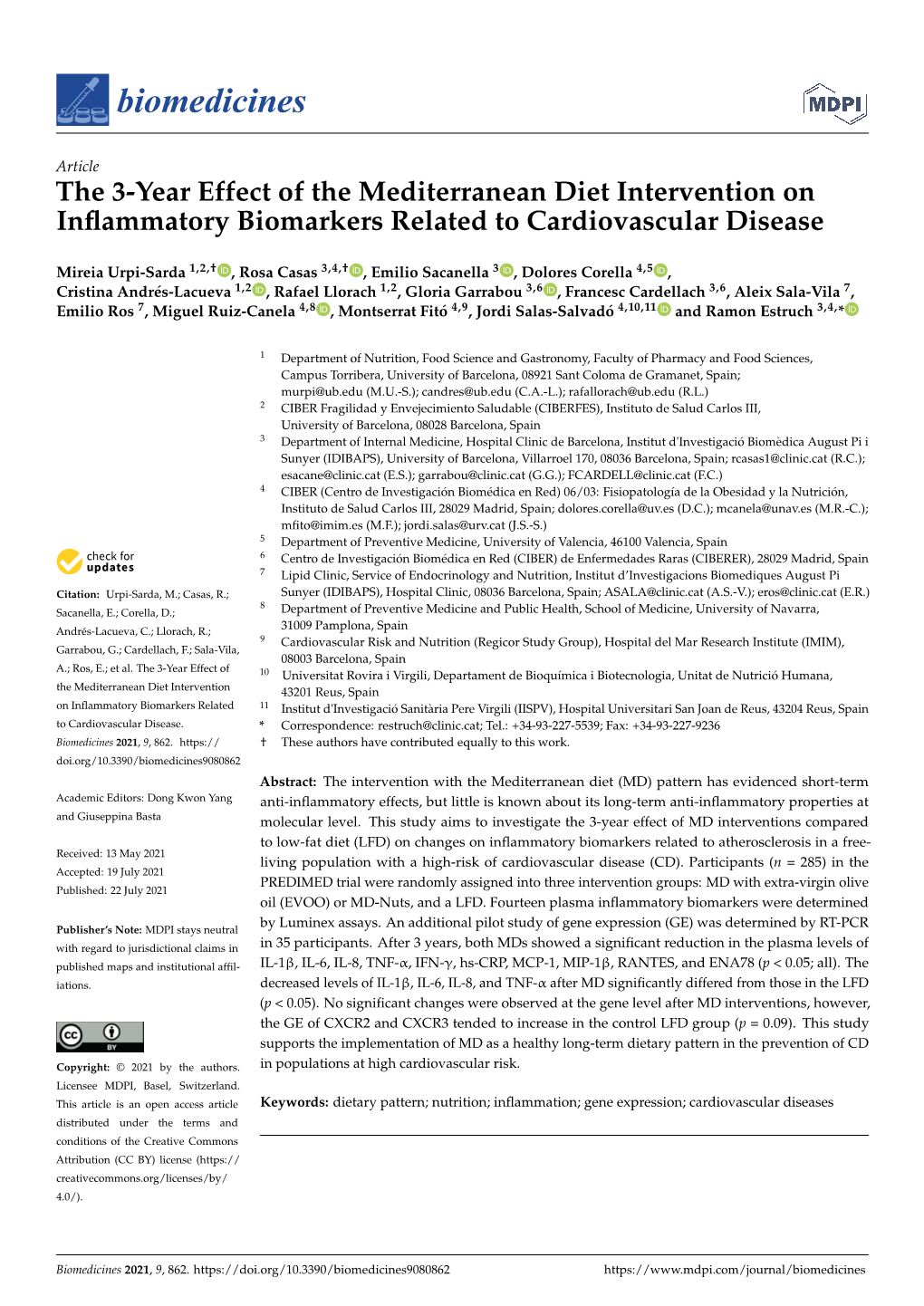 The 3-Year Effect of the Mediterranean Diet Intervention on Inﬂammatory Biomarkers Related to Cardiovascular Disease