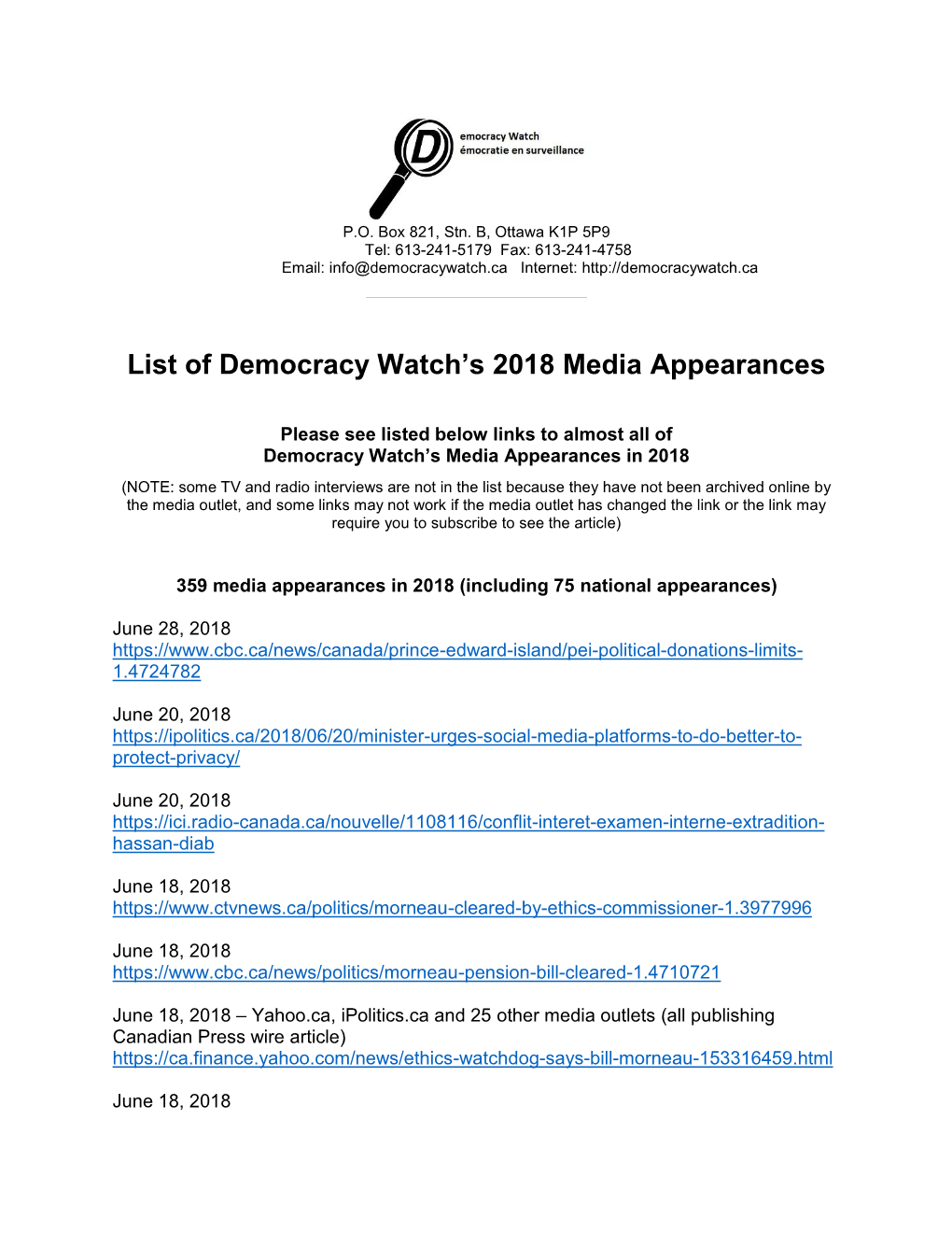 List of Democracy Watch's 2018 Media Appearances