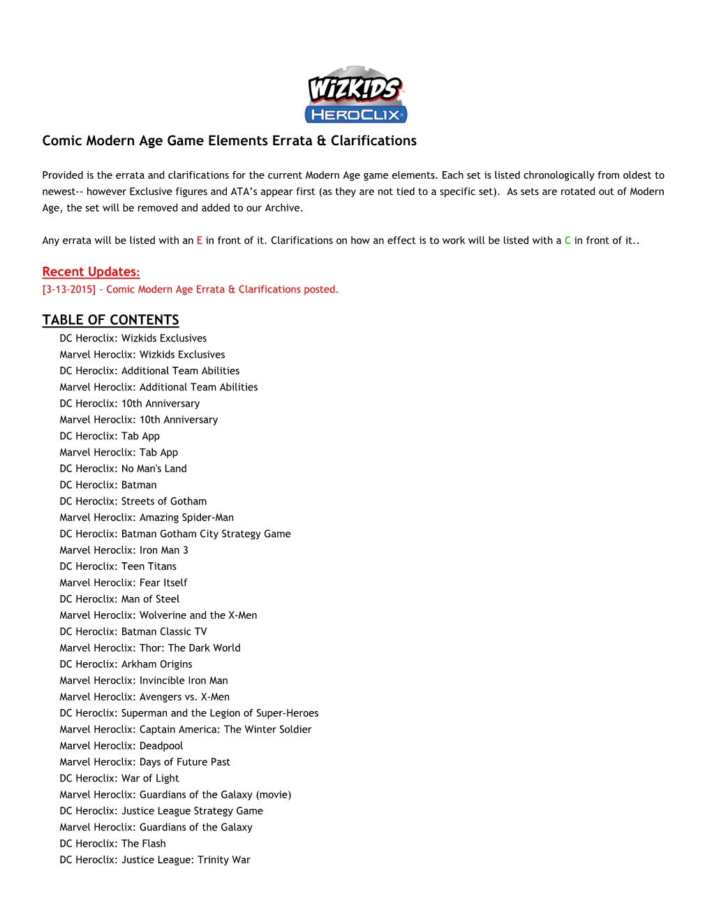 Comic Modern Age Game Elements Errata & Clarifications TABLE OF