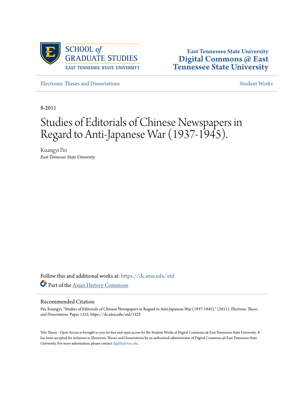 Studies of Editorials of Chinese Newspapers in Regard to Anti-Japanese War (1937-1945)