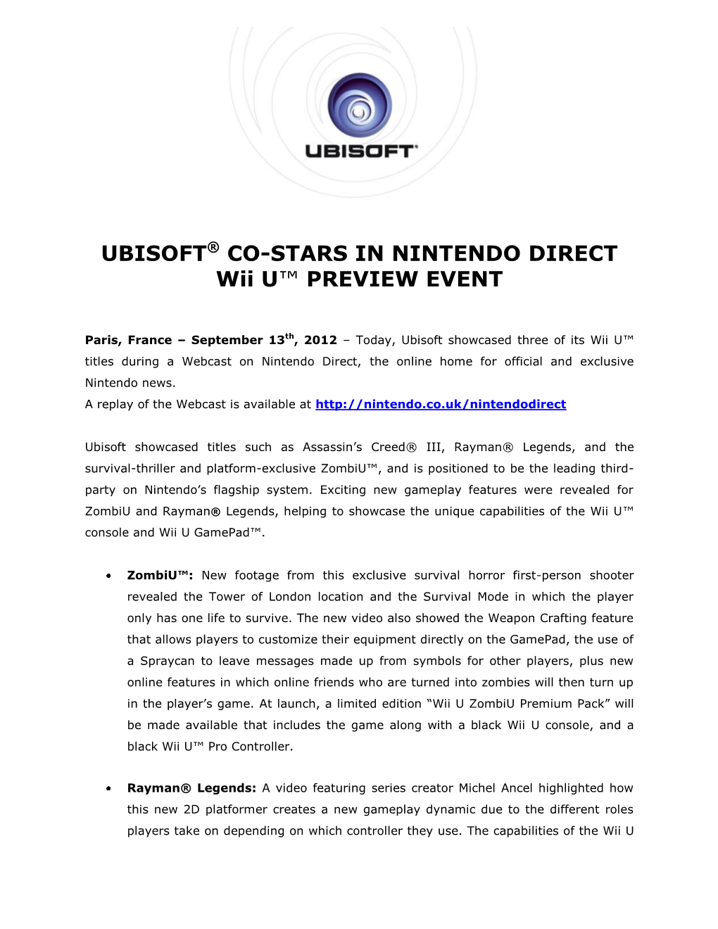 UBISOFT® CO-STARS in NINTENDO DIRECT Wii U™ PREVIEW EVENT
