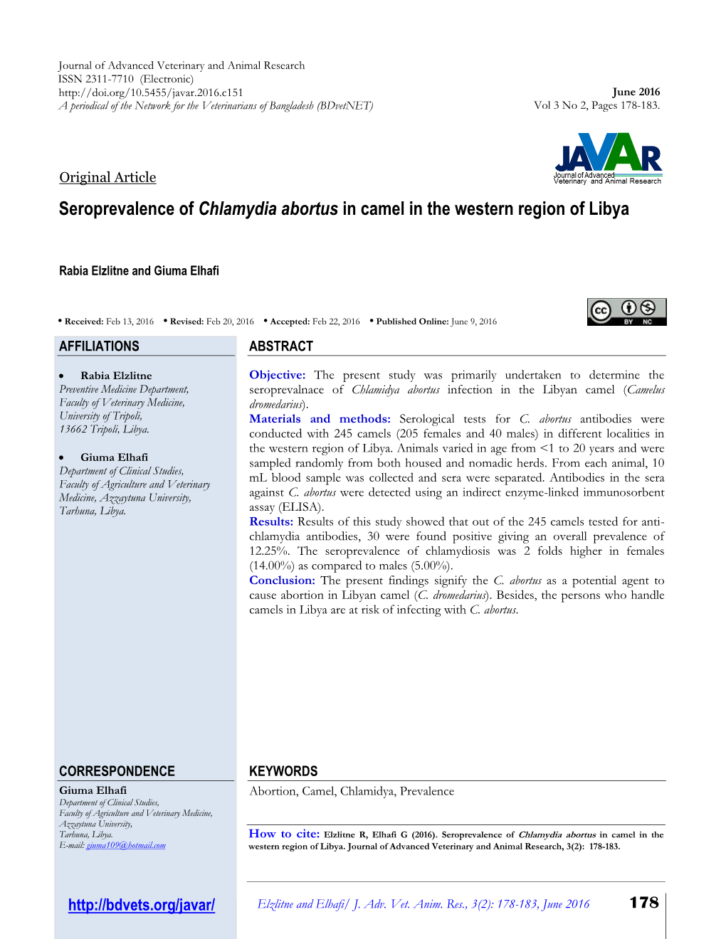 Seroprevalence of Chlamydia Abortus in Camel in the Western Region of Libya