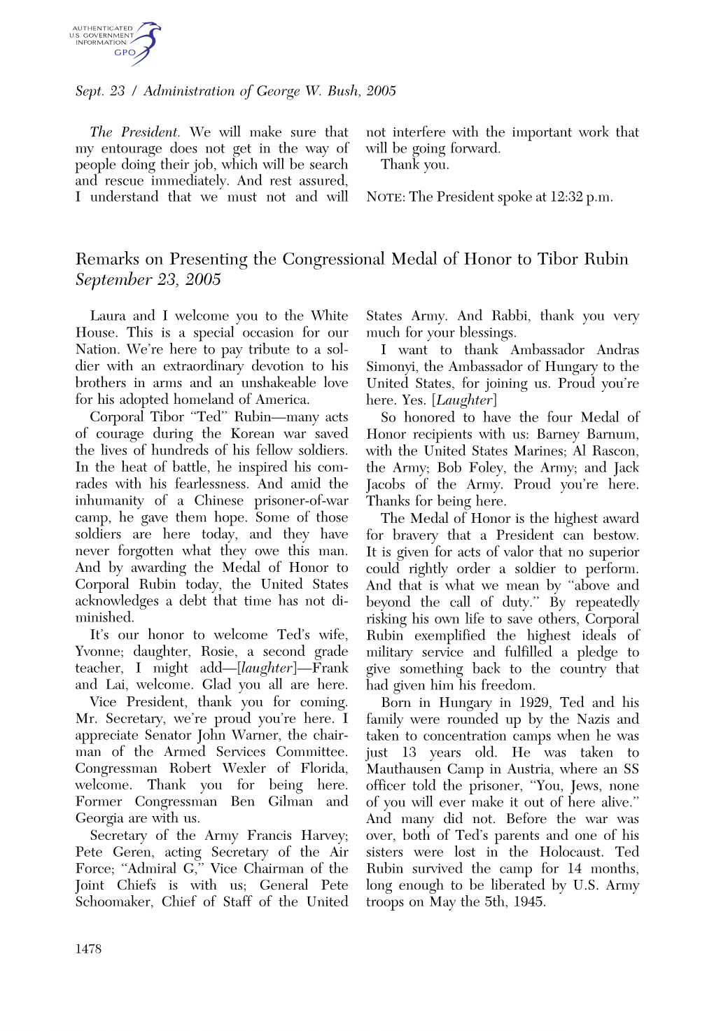 Remarks on Presenting the Congressional Medal of Honor to Tibor Rubin September 23, 2005