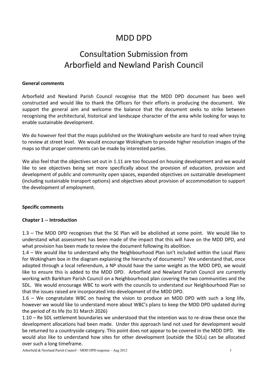 MDD DPD Consultation Submission from Arborfield and Newland Parish Council