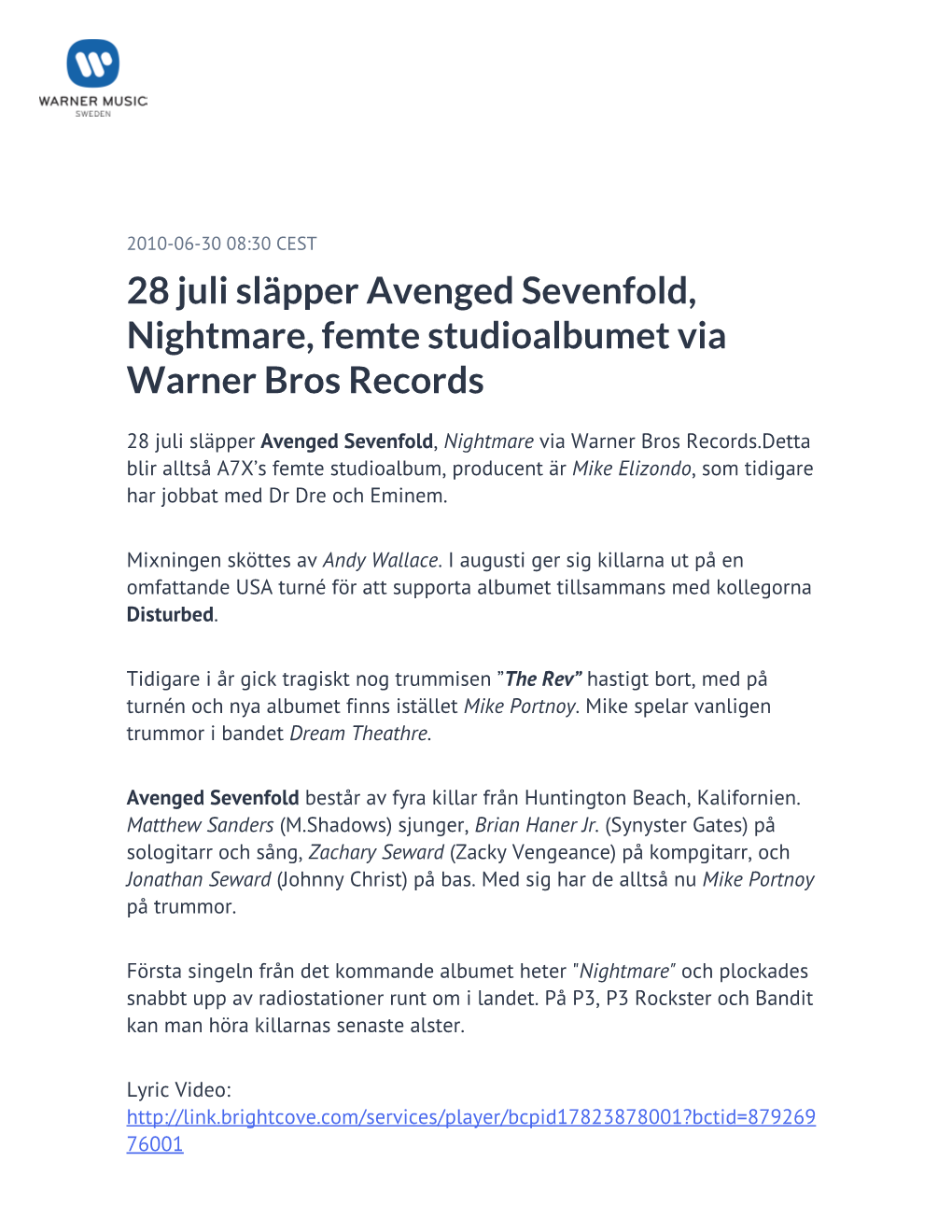 28 Juli Släpper Avenged Sevenfold, Nightmare, Femte Studioalbumet Via Warner Bros Records