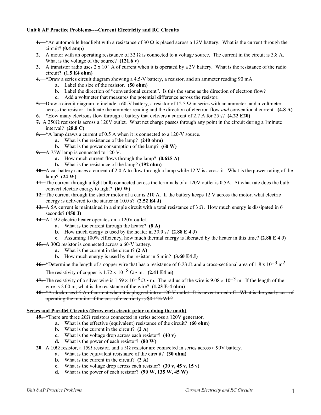 Unit 8 AP Practice Problems Current Electricity and RC Circuits