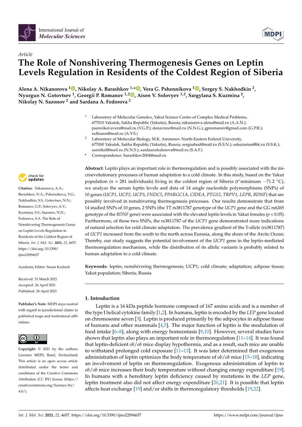 The Role of Nonshivering Thermogenesis Genes on Leptin Levels Regulation in Residents of the Coldest Region of Siberia