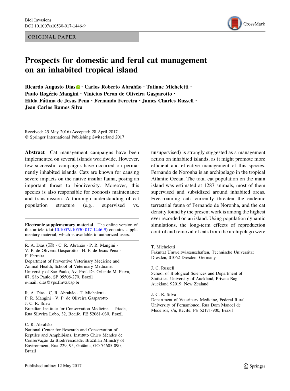 Prospects for Domestic and Feral Cat Management on an Inhabited Tropical Island