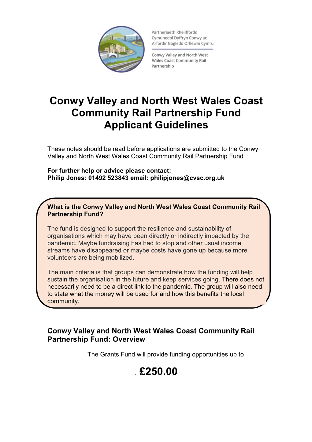 Conwy Valley and North West Wales Coast Community Rail Partnership Fund Applicant Guidelines