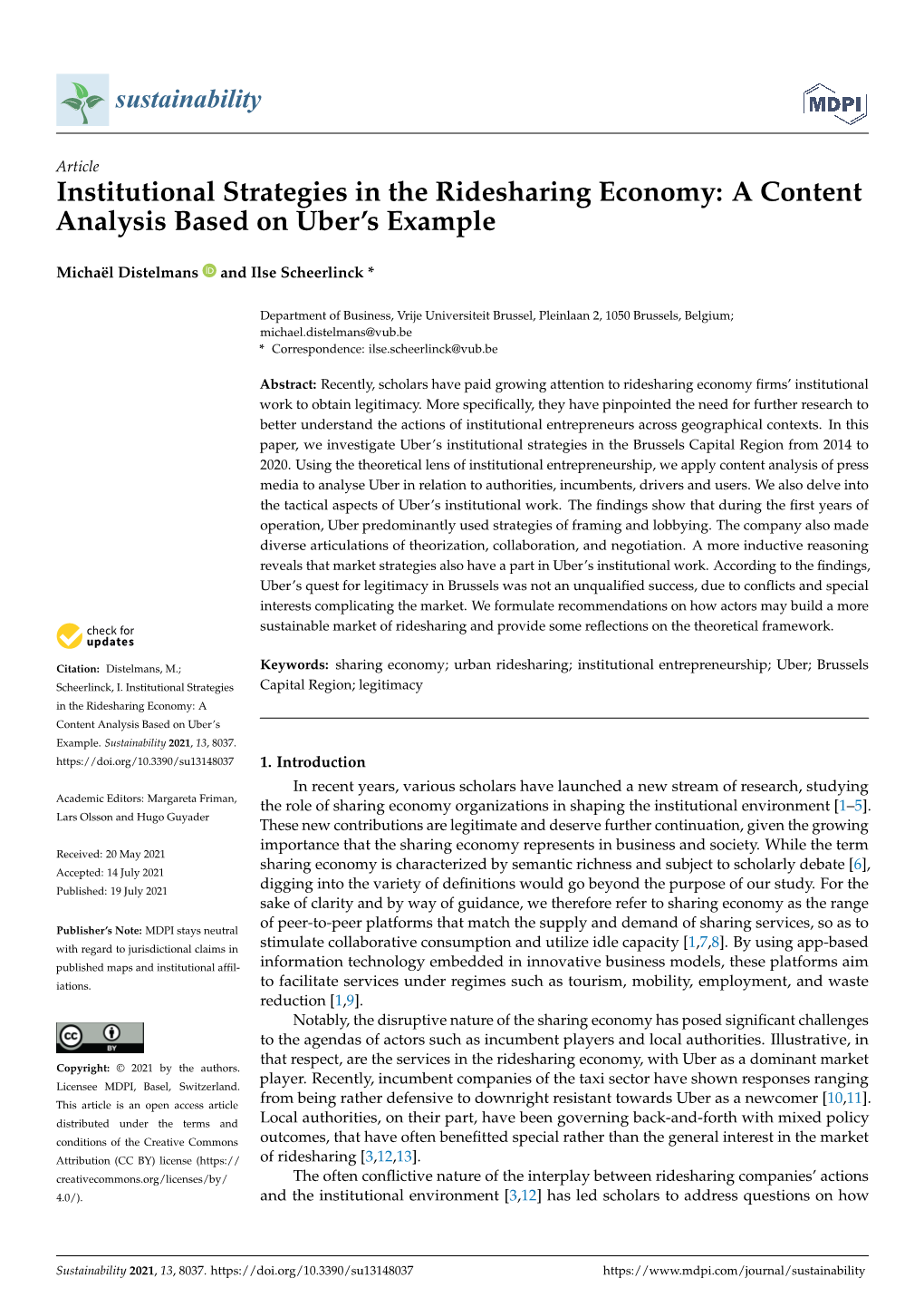 Institutional Strategies in the Ridesharing Economy: a Content Analysis Based on Uber’S Example
