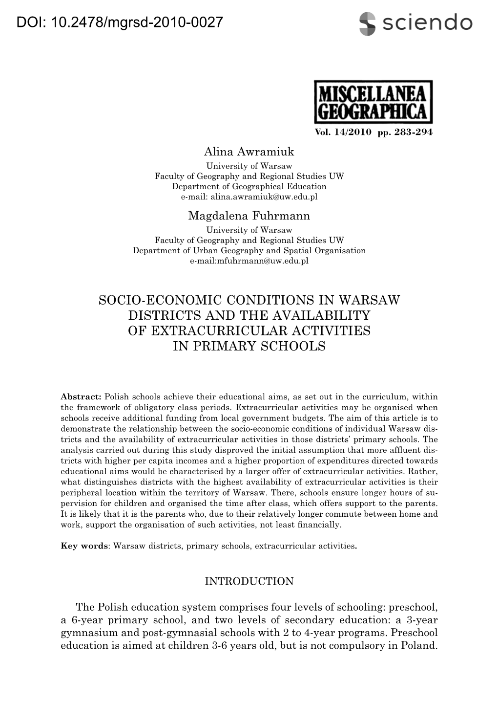 Socio-Economic Conditions in Warsaw Districts and the Availability of Extracurricular Activities in Primary Schools