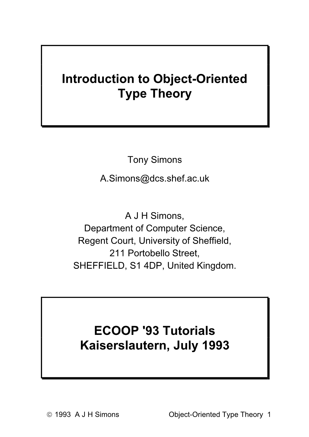 Introduction to Object-Oriented Type Theory ECOOP