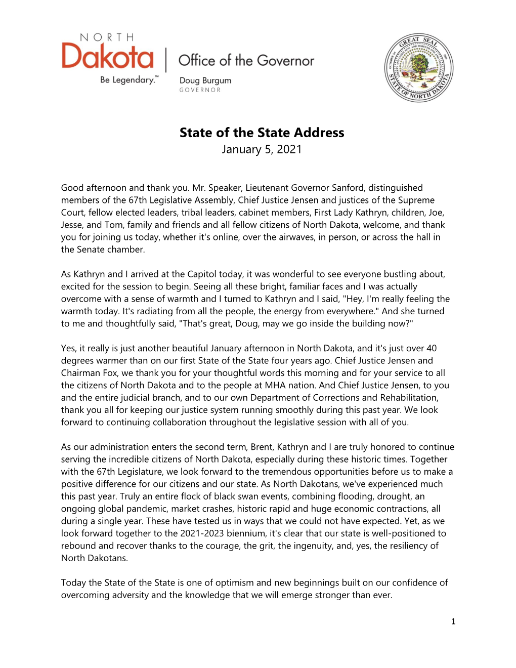 State of the State Address January 5, 2021