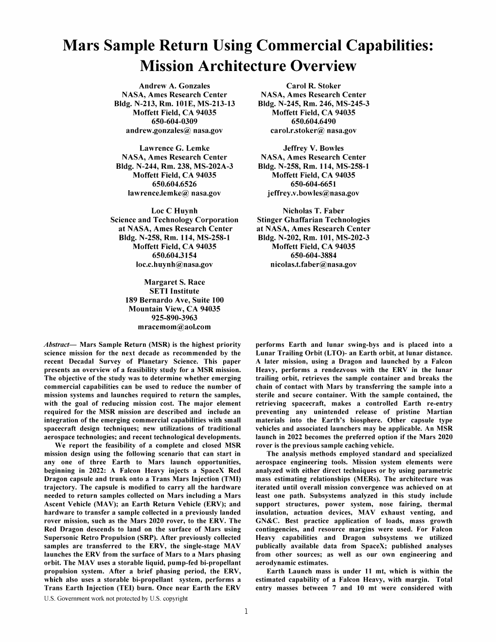 Mars Sample Return Using Commercial Capabilities: Mission Architecture Overview