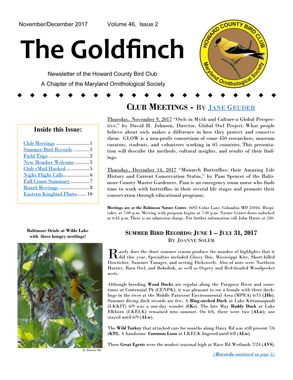 The Goldfinch Newsletter of the Howard County Bird Club a Chapter of the Maryland Ornithological Society