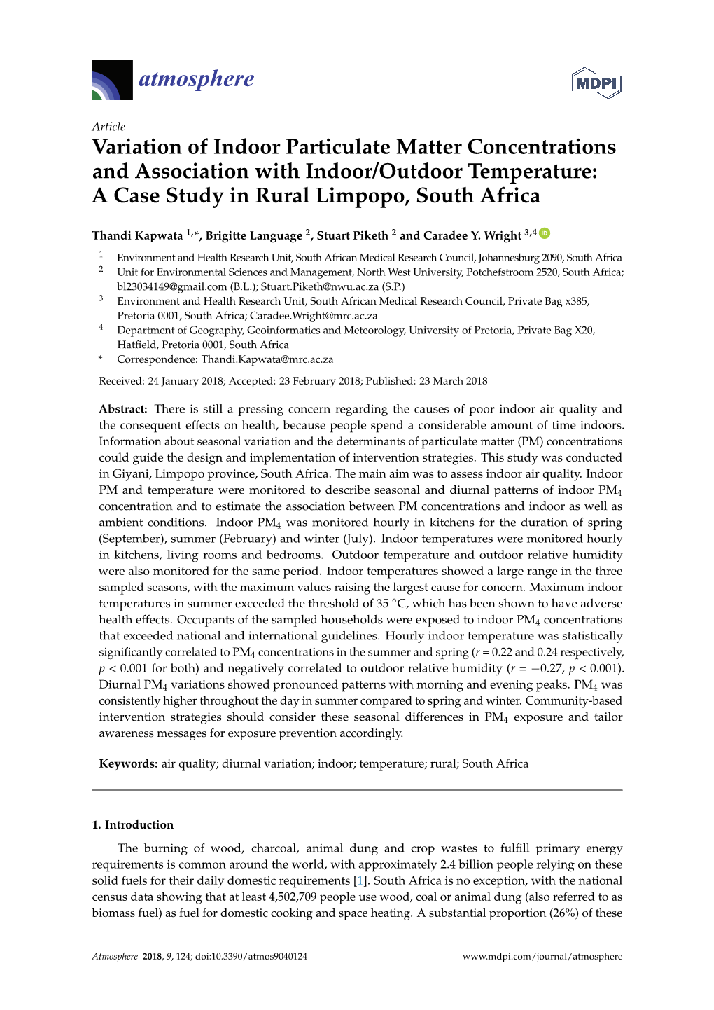 Variation of Indoor Particulate Matter Concentrations and Association with Indoor/Outdoor Temperature: a Case Study in Rural Limpopo, South Africa