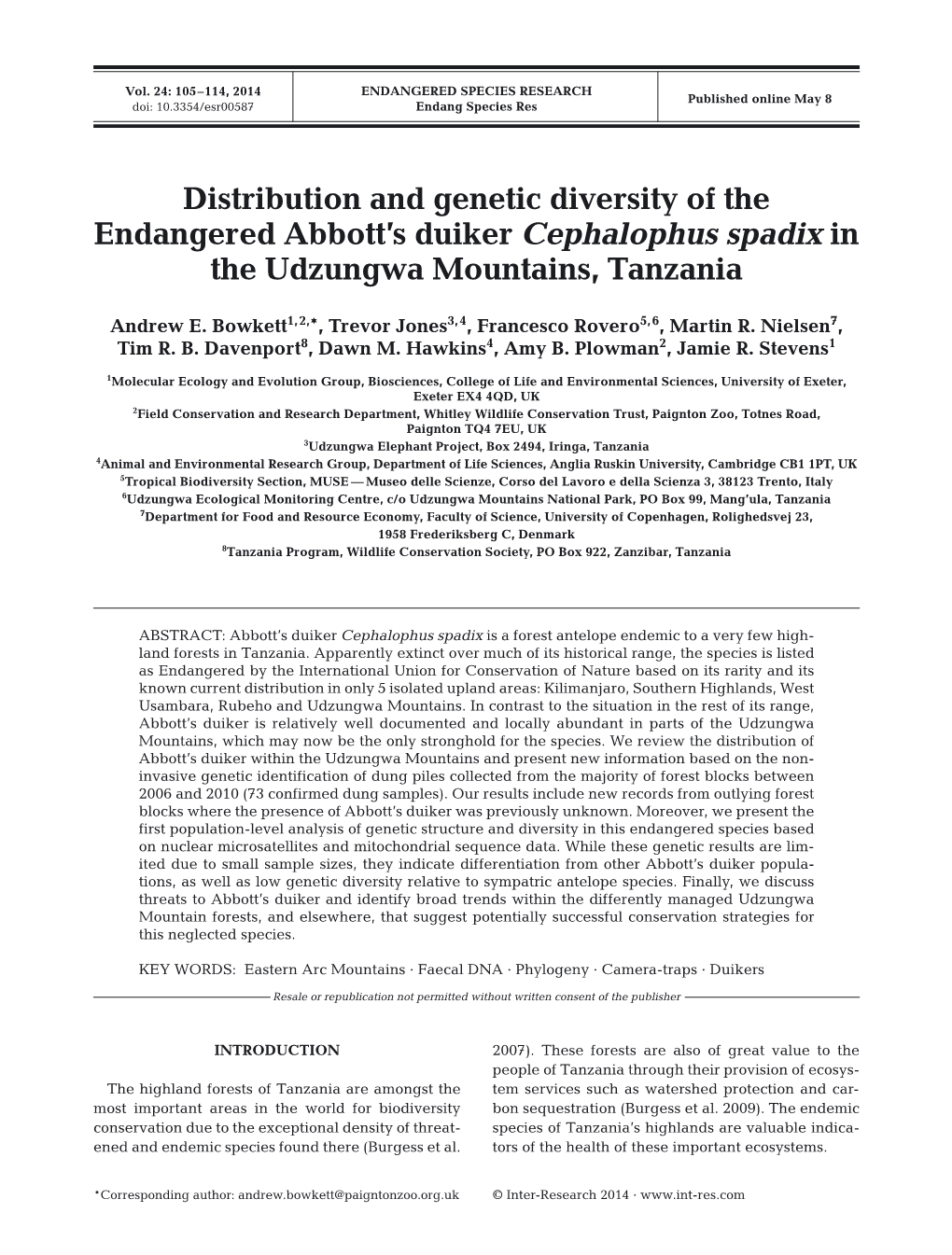 Distribution and Genetic Diversity of the Endangered Abbott's Duiker