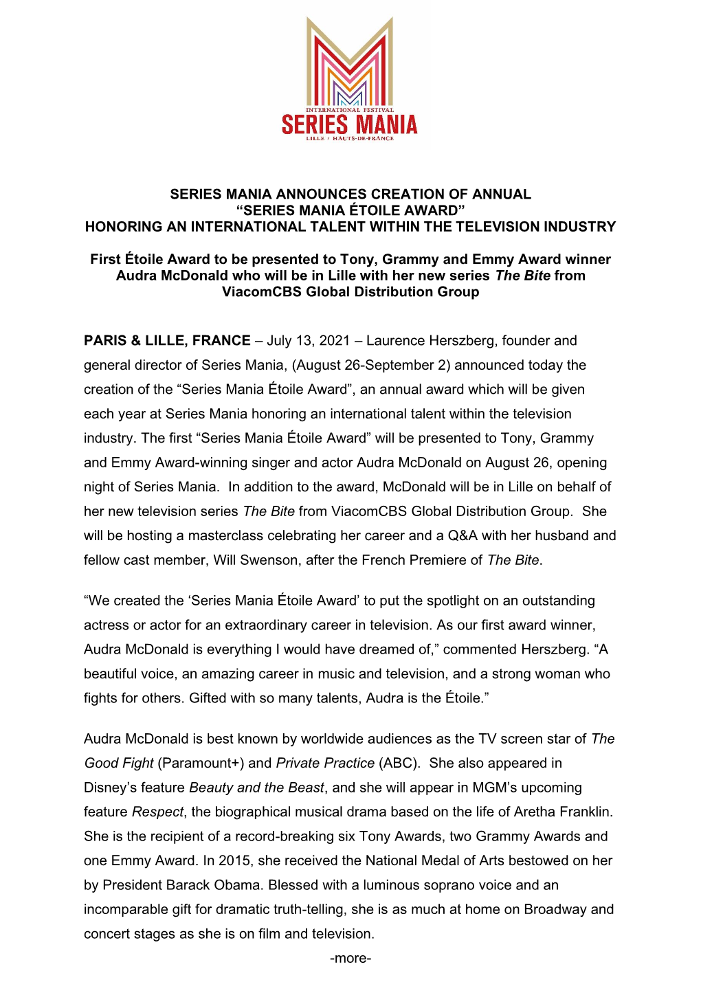 Series Mania Étoile Award” Honoring an International Talent Within the Television Industry