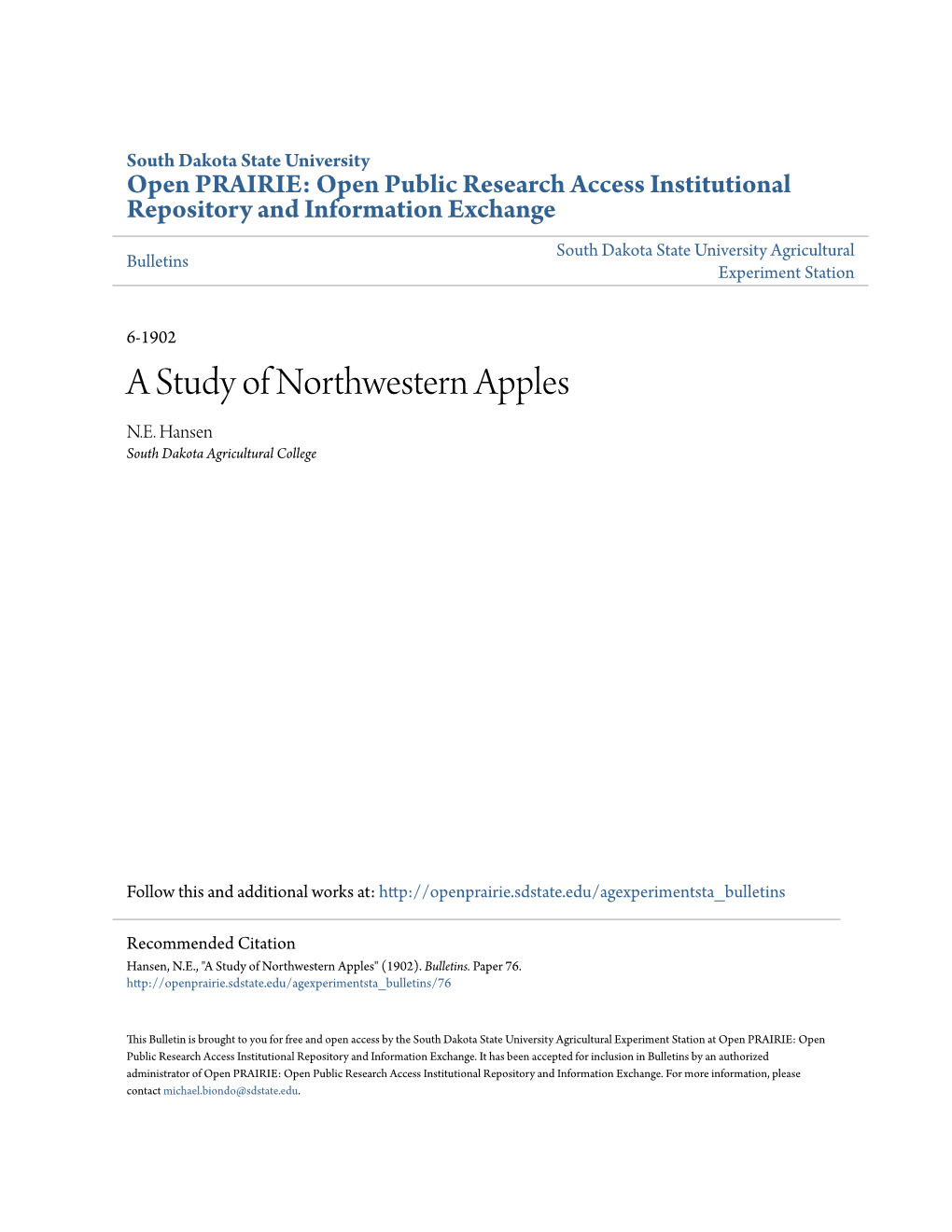 A Study of Northwestern Apples N.E