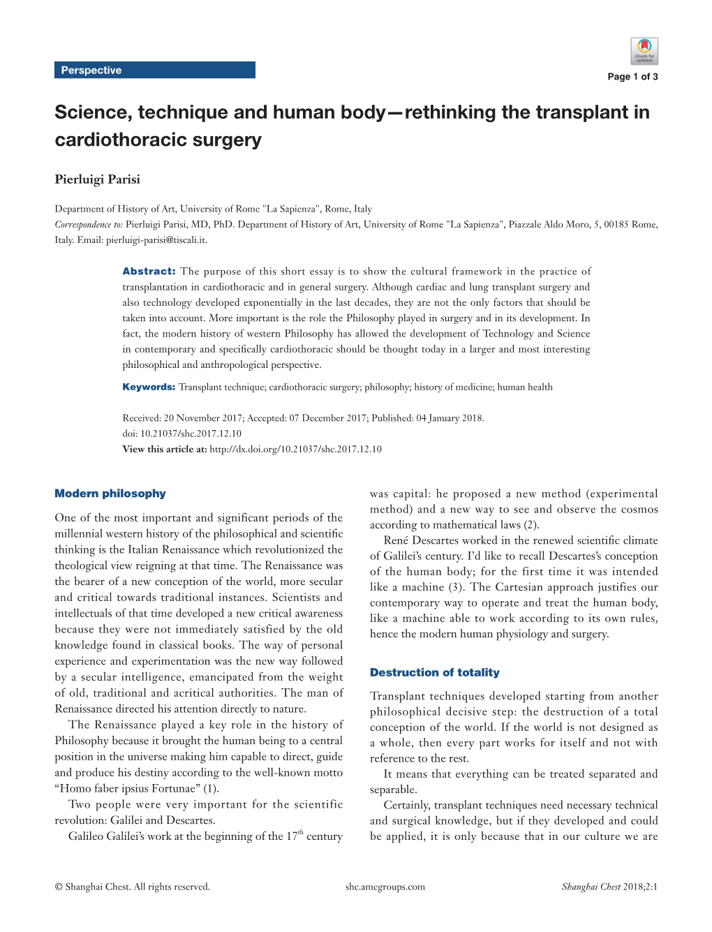 Science, Technique and Human Body—Rethinking the Transplant in Cardiothoracic Surgery