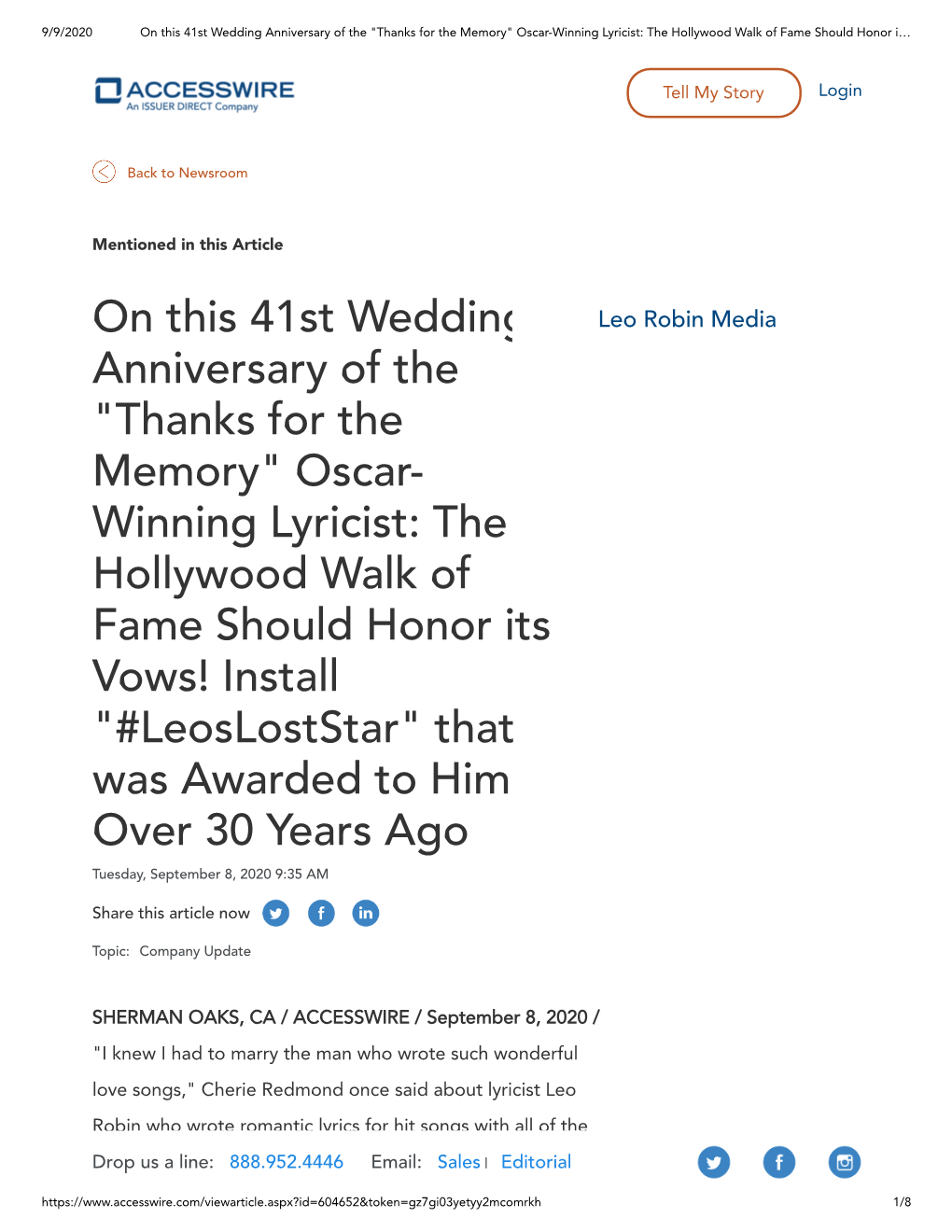 On This 41St Wedding Anniversary of the "Thanks for the Memory" Oscar-Winning Lyricist: the Hollywood Walk of Fame Should Honor I…