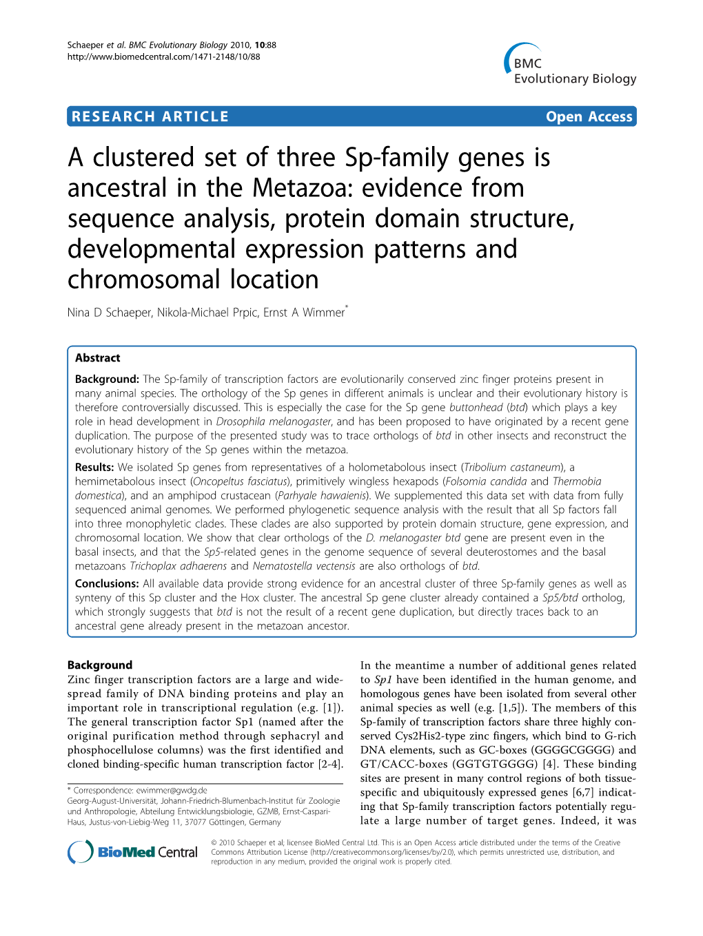 A Clustered Set of Three Sp-Family Genes Is Ancestral in the Metazoa
