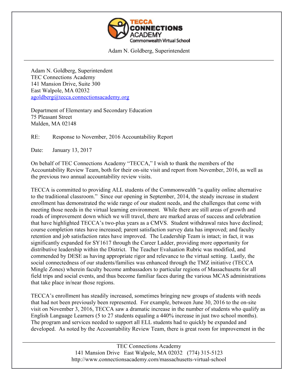 TEC Connections Academy - Response to November 2016 Renewal Inspection Report