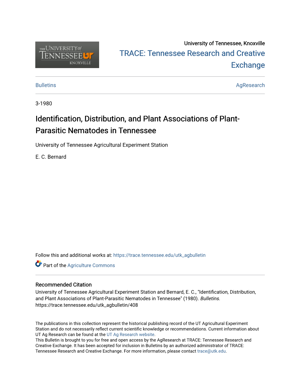 Identification, Distribution, and Plant Associations of Plant-Parasitic Nematodes in Tennessee" (1980)