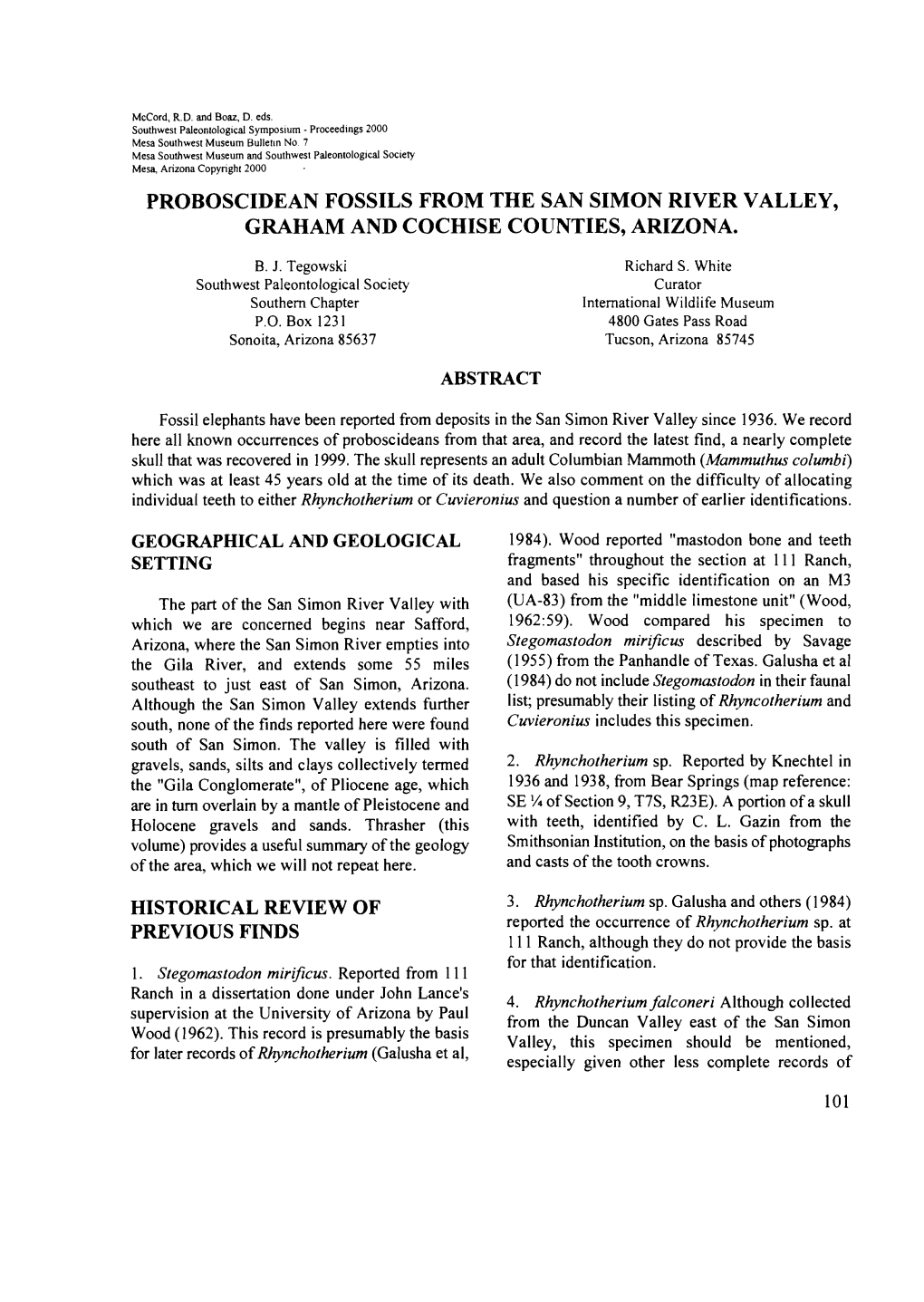 Proboscidean Fossils from the San Simon River Valley, Graham and Cochise Counties, Arizona