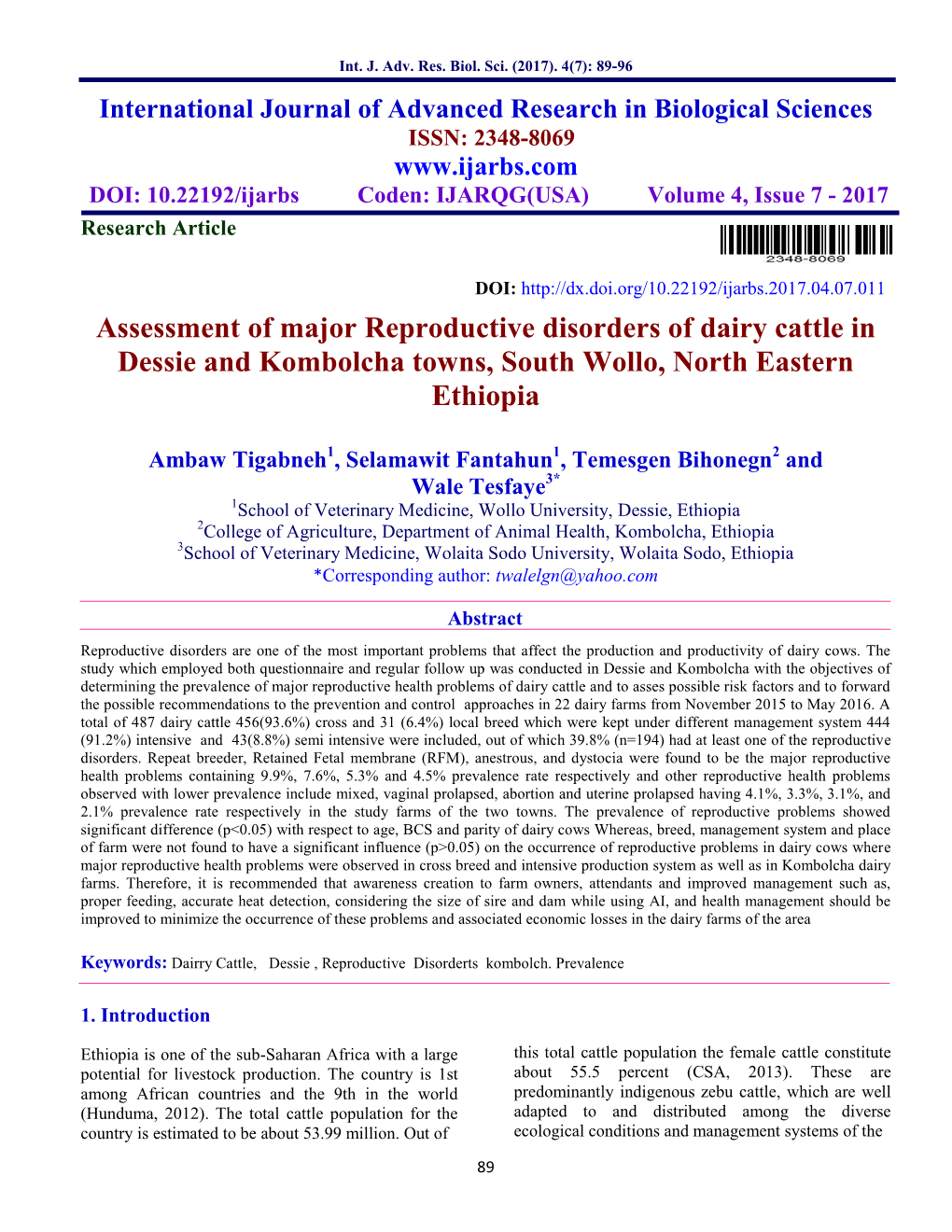 Assessment of Major Reproductive Disorders of Dairy Cattle in Dessie and Kombolcha Towns, South Wollo, North Eastern Ethiopia