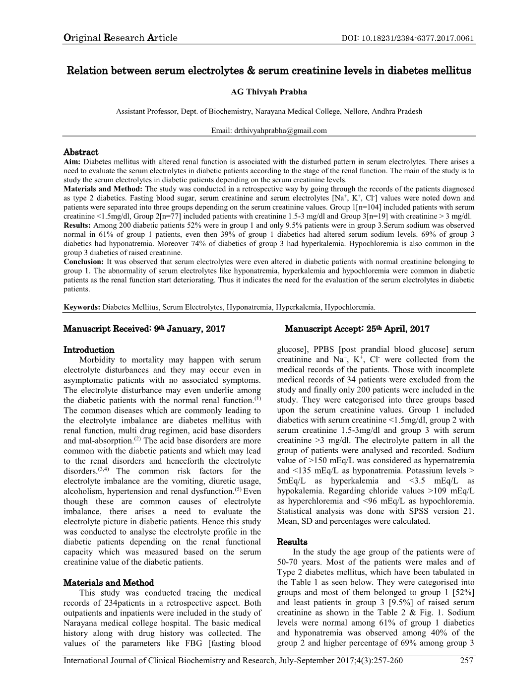 Relation Between Serum Electrolytes & Serum Creatinine Levels in Diabetes