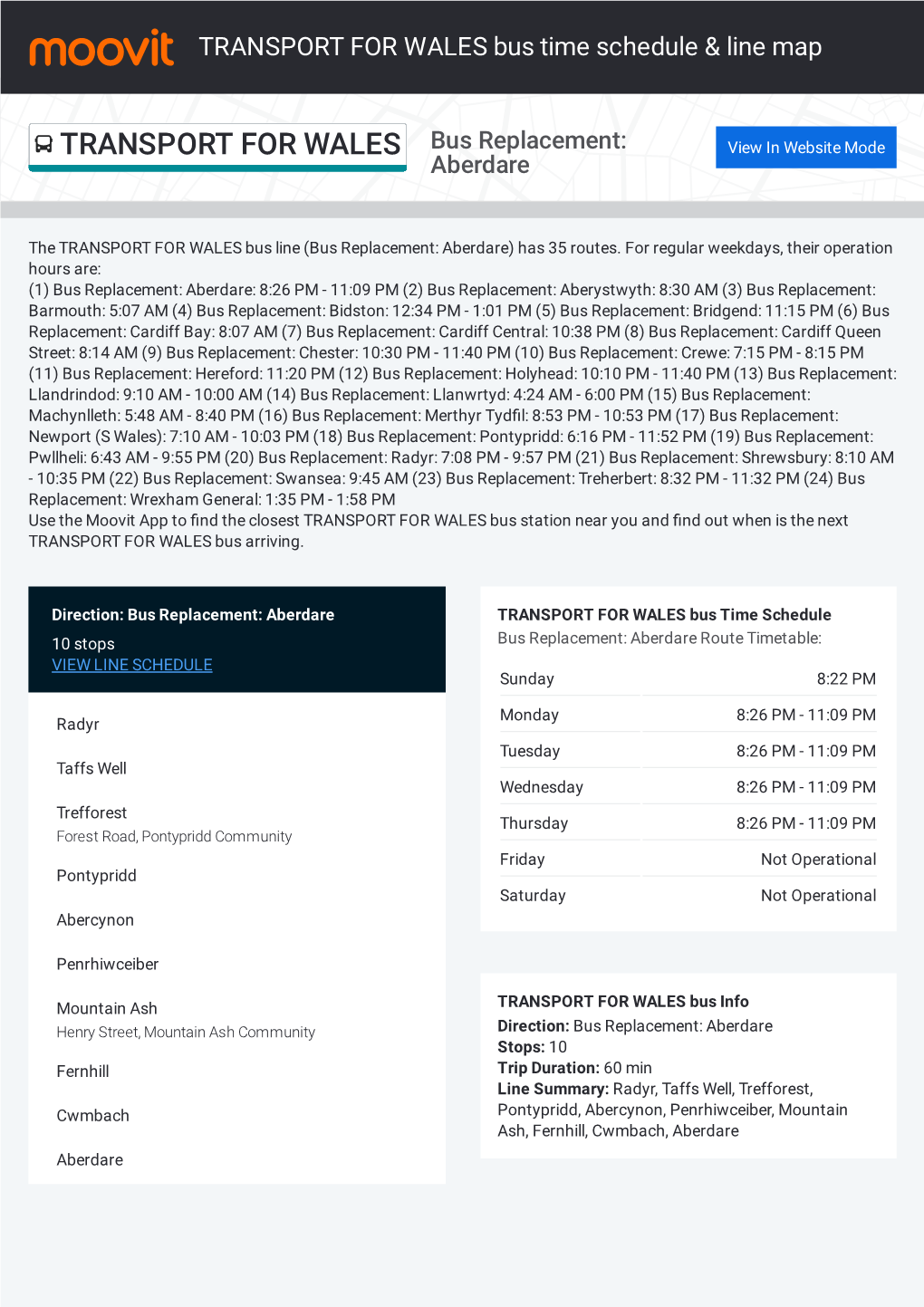 TRANSPORT for WALES Bus Time Schedule & Line Route