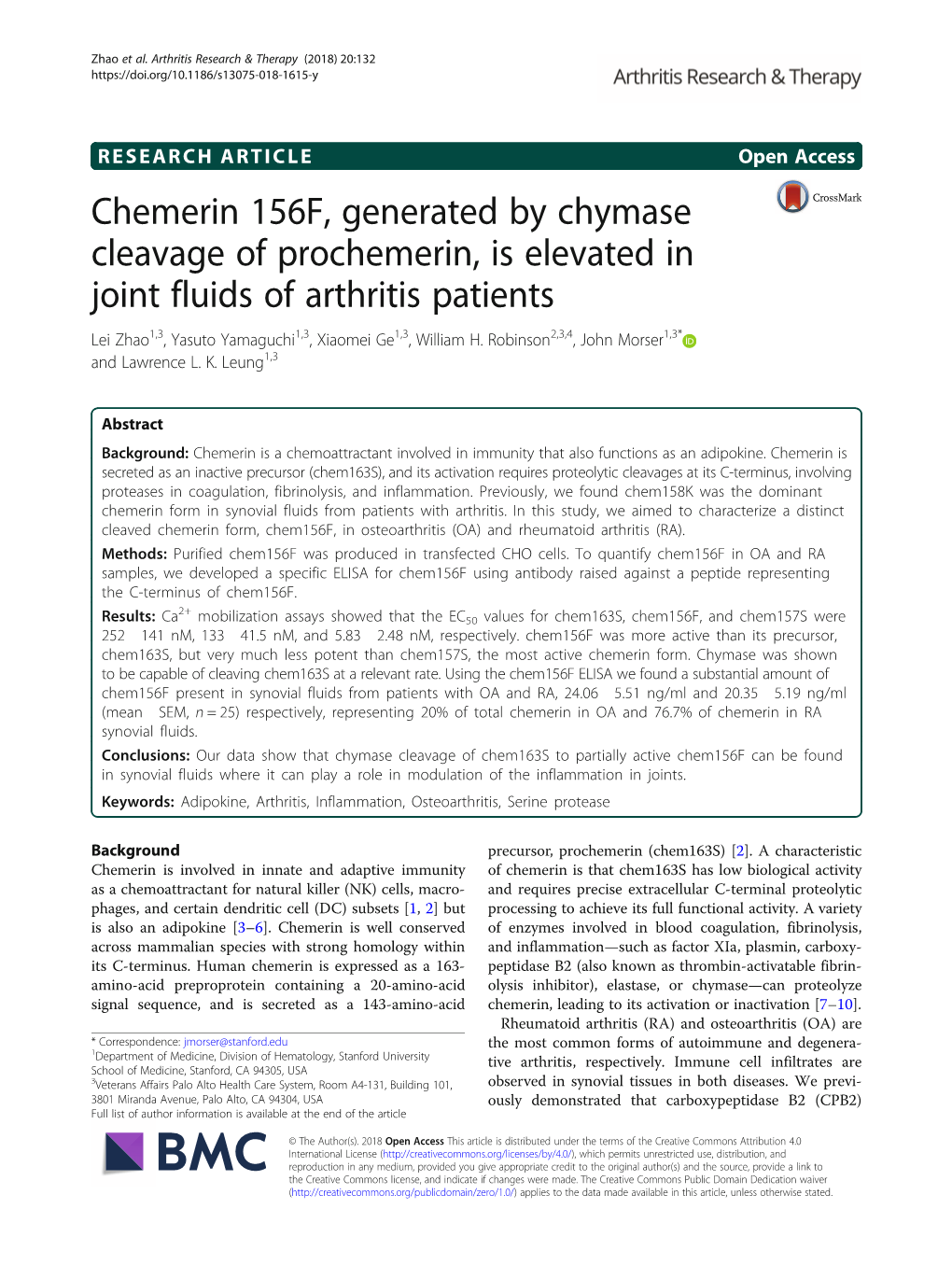 Chemerin 156F, Generated by Chymase Cleavage of Prochemerin, Is Elevated in Joint Fluids of Arthritis Patients