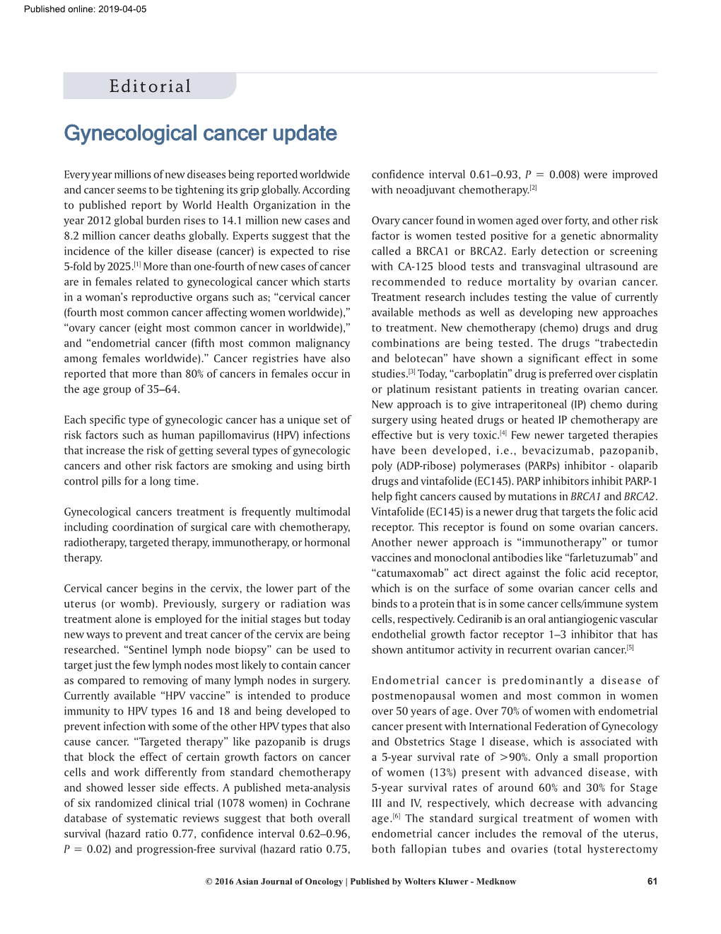 Gynecological Cancer Update