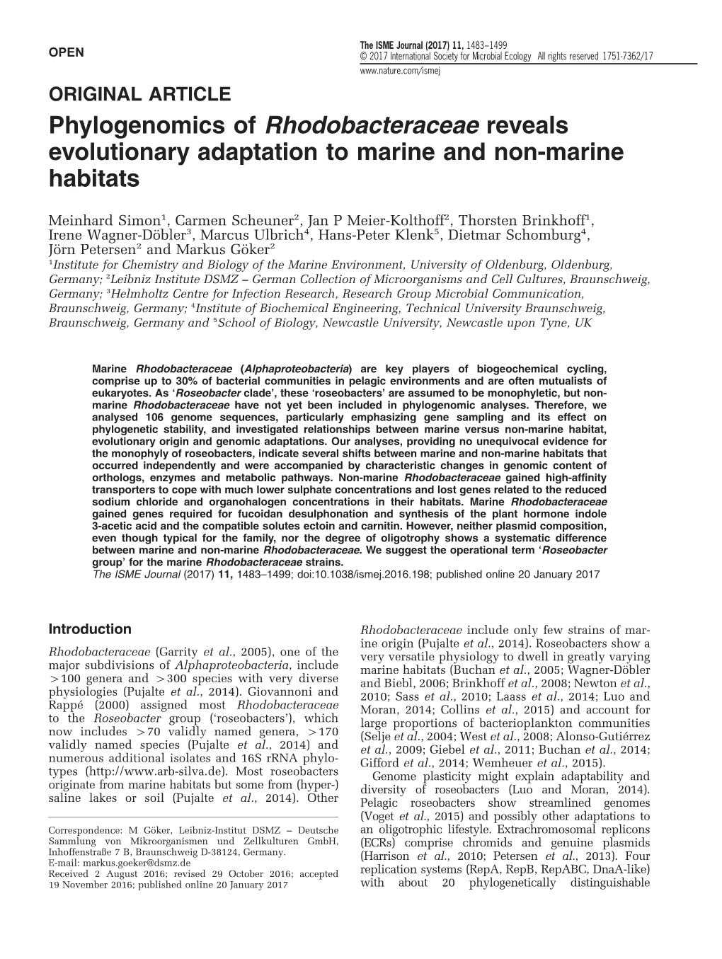 Phylogenomics of Rhodobacteraceae Reveals Evolutionary Adaptation to Marine and Non-Marine Habitats