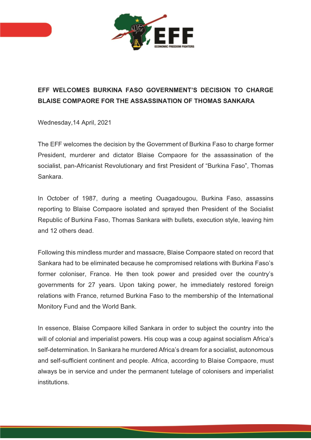 Eff Welcomes Burkina Faso Government's Decision To
