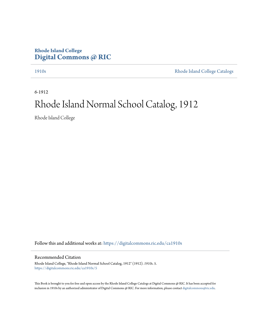 Rhode Island Normal School Catalog, 1912 Rhode Island College