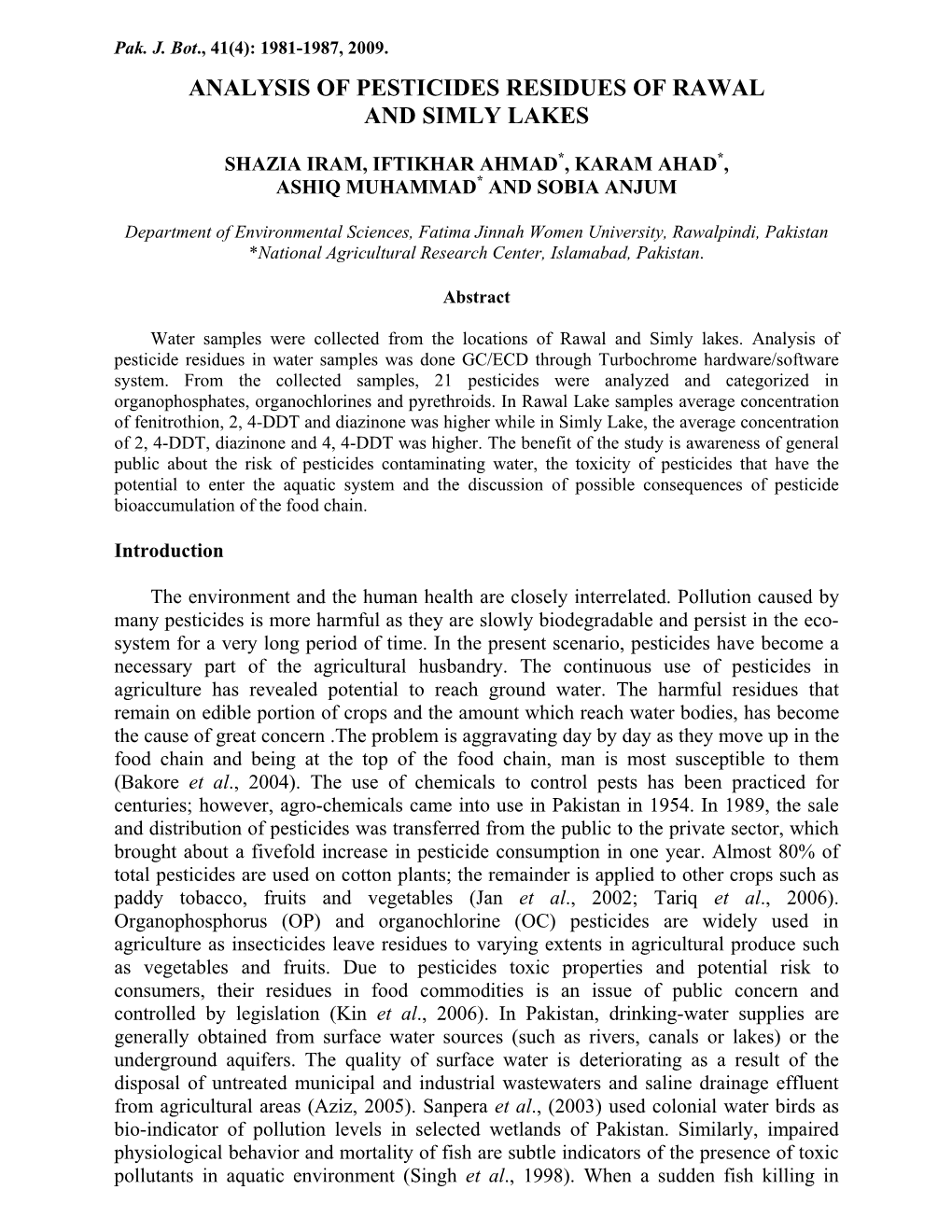 Analysis of Pesticides Residues of Rawal and Simly Lakes