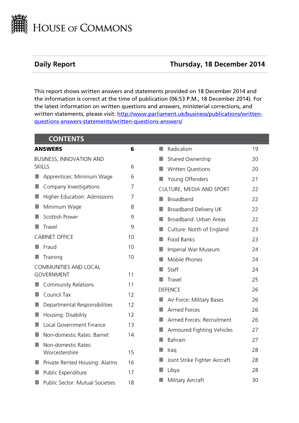Daily Report Thursday, 18 December 2014 CONTENTS