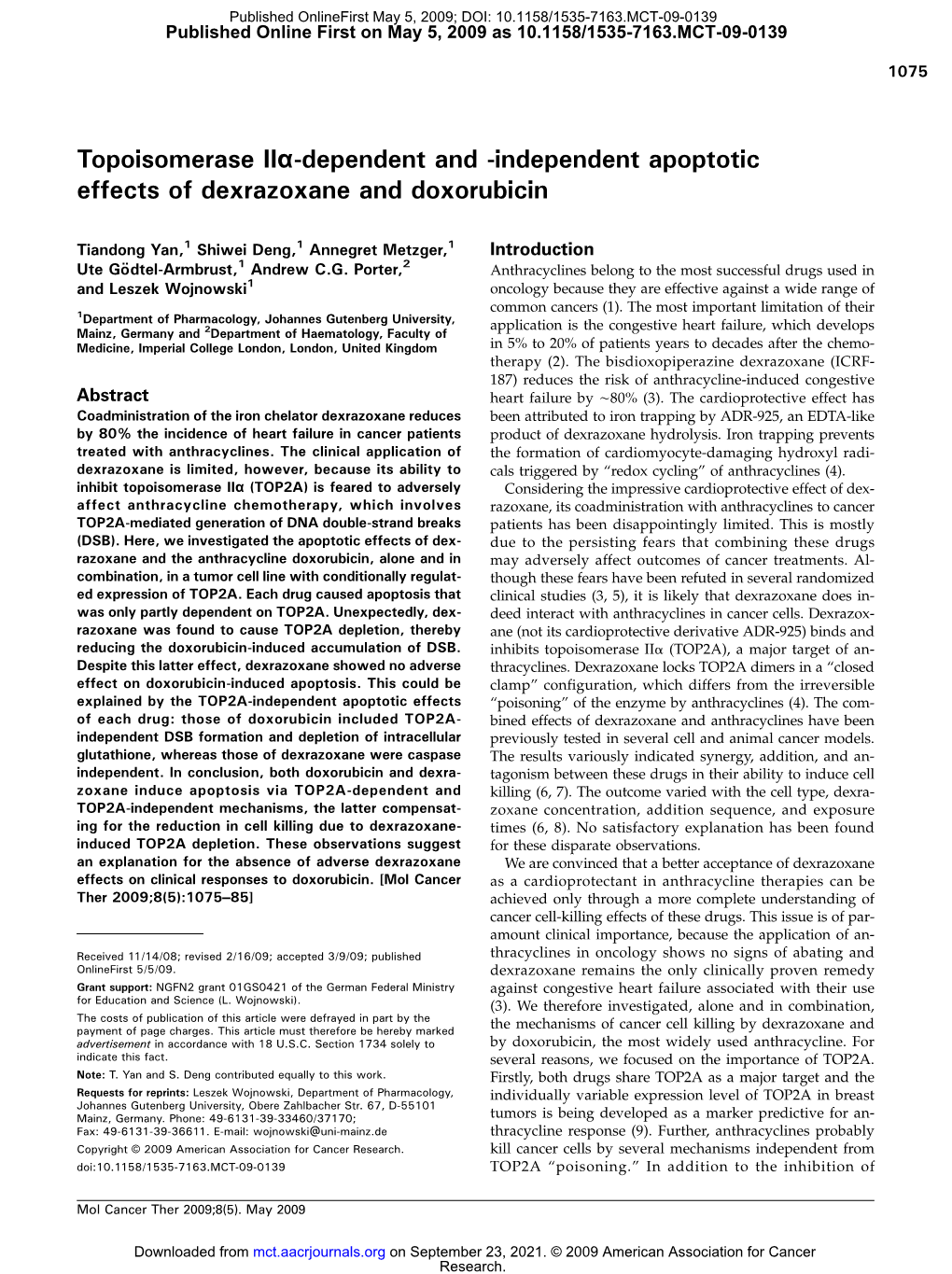Topoisomerase Iiα-Dependent and -Independent Apoptotic Effects of Dexrazoxane and Doxorubicin