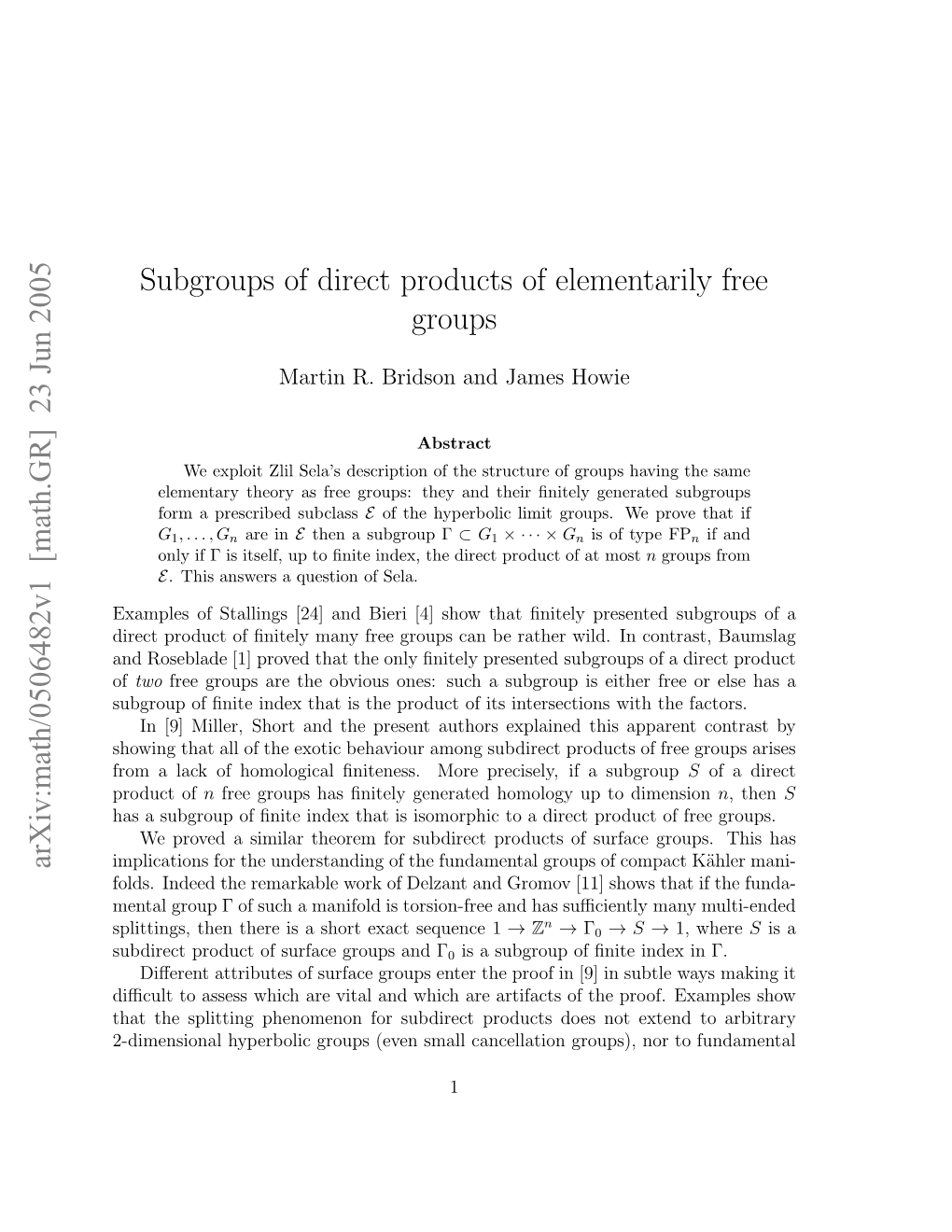 Subgroups of Direct Products of Elementarily Free Groups