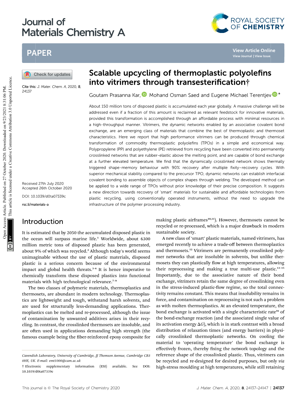 Scalable Upcycling of Thermoplastic Polyolefins Into Vitrimers Through Transesterification