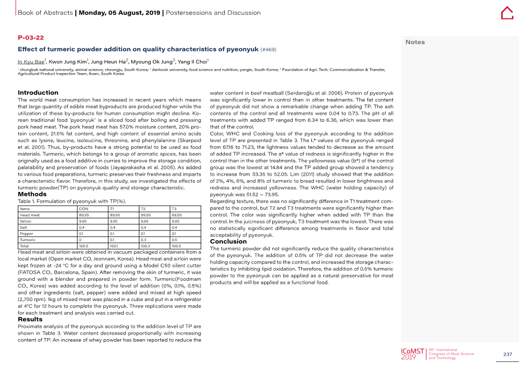 Effect of Turmeric Powder Addition on Quality Characteristics of Pyeonyuk(#469)