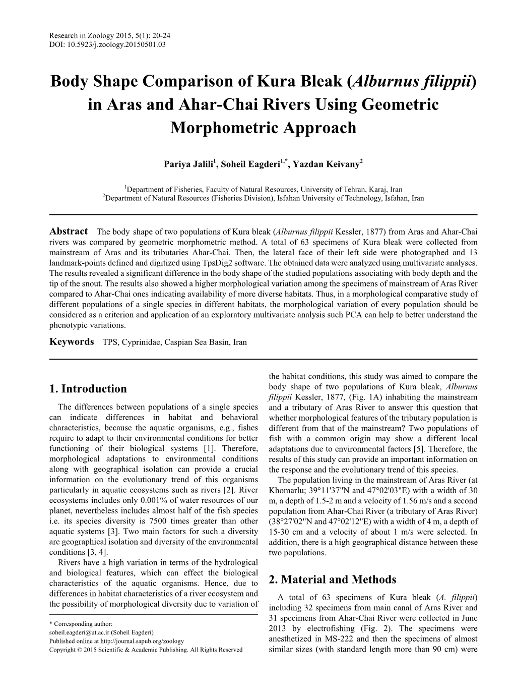 Body Shape Comparison of Kura Bleak (Alburnus Filippii) in Aras and Ahar-Chai Rivers Using Geometric Morphometric Approach