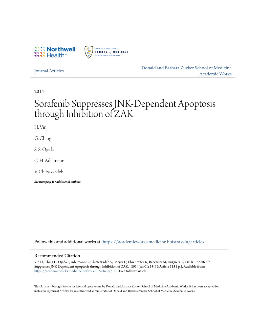Sorafenib Suppresses JNK-Dependent Apoptosis Through Inhibition of ZAK H