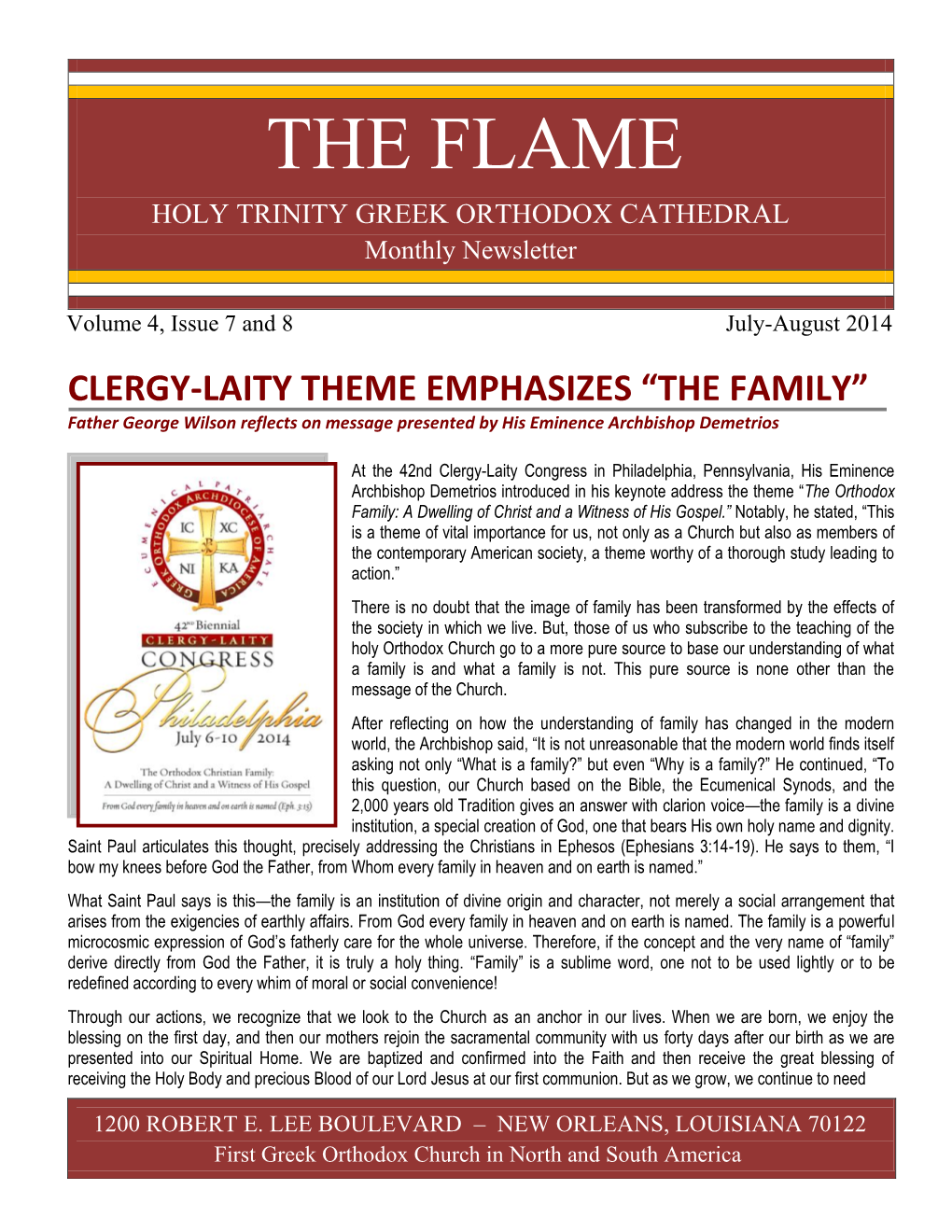THE FLAME HOLY TRINITY GREEK ORTHODOX CATHEDRAL Monthly Newsletter