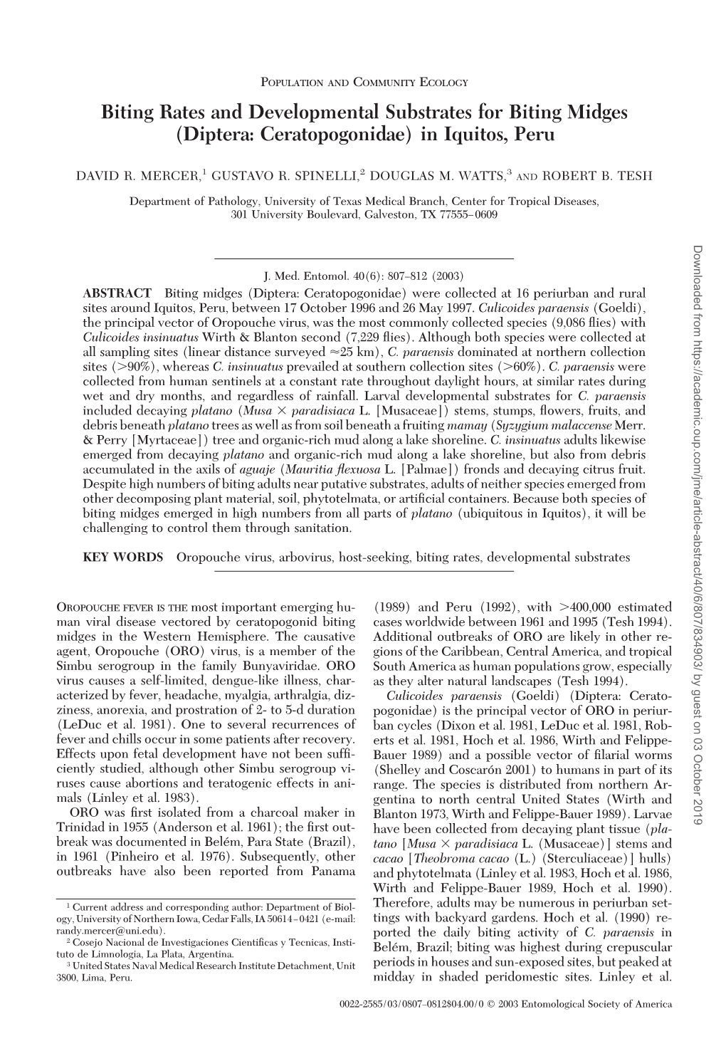 Biting Rates and Developmental Substrates for Biting Midges (Diptera: Ceratopogonidae) in Iquitos, Peru