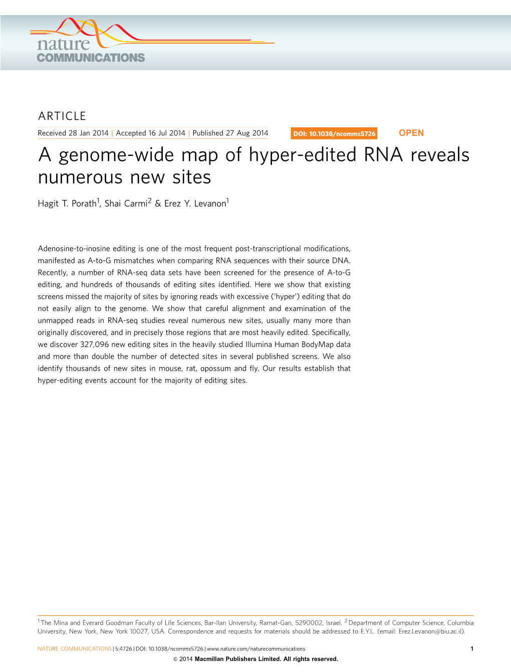 A Genome-Wide Map of Hyper-Edited RNA Reveals Numerous New Sites