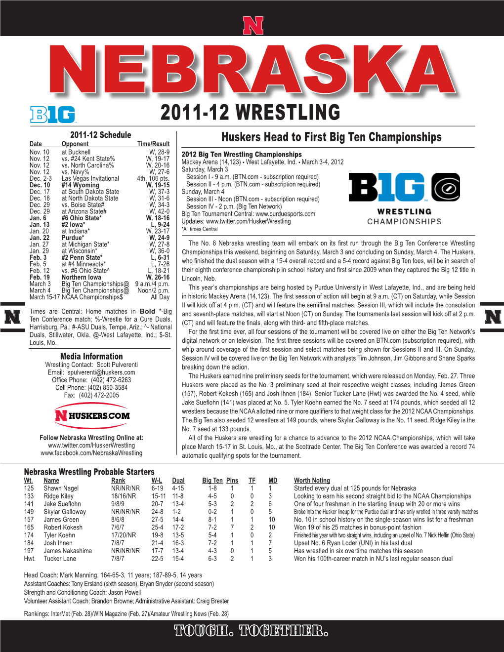 2011-12 WRESTLING 2011-12 Schedule Huskers Head to First Big Ten Championships Date Opponent Time/Result Nov