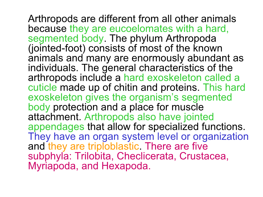 Arthropods Are Different from All Other Animals Because They Are Eucoelomates with a Hard, Segmented Body